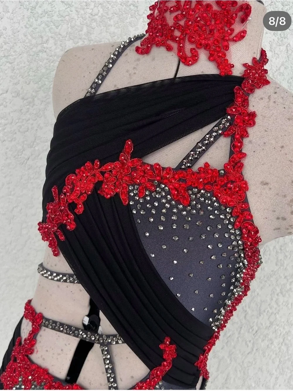 Black, Gray and Red One-Piece Dance Costume with Crystal Accents